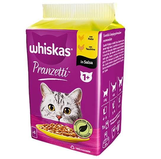 Whiskas Pranzetti con Pollo e Tacchino in Salsa 1+ 6x50g Whiskas Pranzetti con Pollo e Tacchino in Salsa 1+ 6x50g